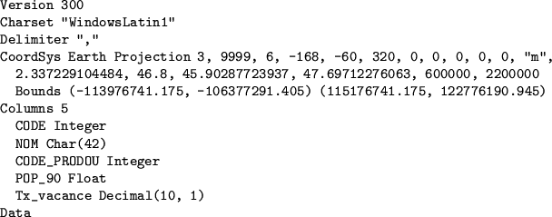 \begin{figure}
\begin{verbatim}Version 300
Charset ''WindowsLatin1''
Delimiter '...
... Integer
POP_90 Float
Tx_vacance Decimal(10, 1)
Data\end{verbatim}\end{figure}