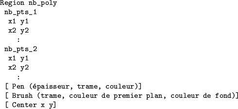 \begin{figure}
\begin{verbatim}Region nb_poly
nb_pts_1
x1 y1
x2 y2
:
nb_pts...
...leur de premier plan, couleur de fond)]
[ Center x y]\end{verbatim}\end{figure}