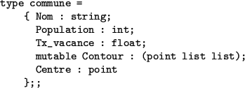 \begin{table}\begin{verbatim}type commune =
{ Nom : string;
Population : int;
...
...table Contour : (point list list);
Centre : point
};;\end{verbatim}\end{table}